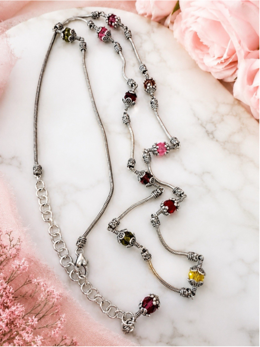 Brighton 20” Silver Tone Multi Color Crystal Bead Necklace Adjustable